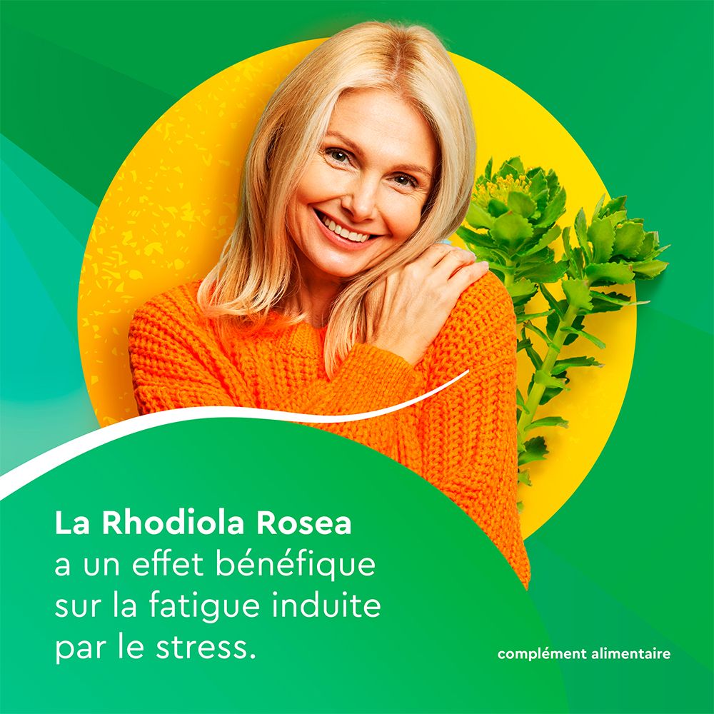Femme souriante, fond jaune, Rhodiola Rosea. Texte: Rhodiola Rosea a un effet bénéfique sur la fatigue induite par le stress.