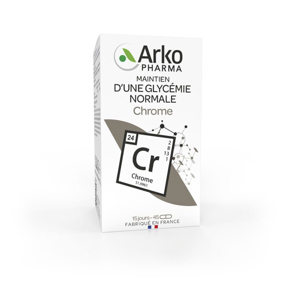 Boîte blanche Arkopharma Chrome. Inscription « Maintien d'une glycémie normale ». Contient 45 gélules. Fabriqué en France.