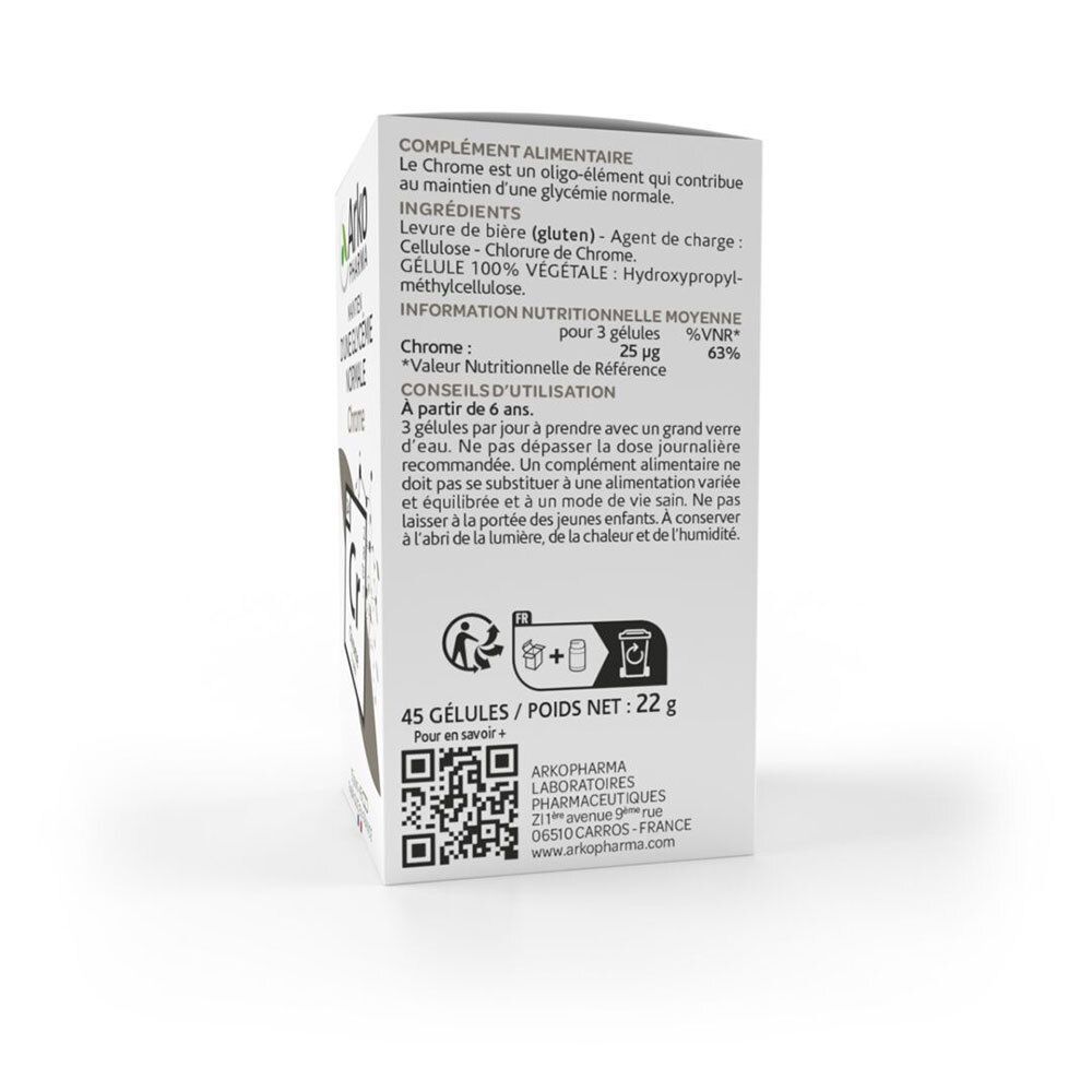 Dos de la boîte Arkopharma Chrome. Ingrédients, conseils d'utilisation et QR code. Contient 45 gélules.