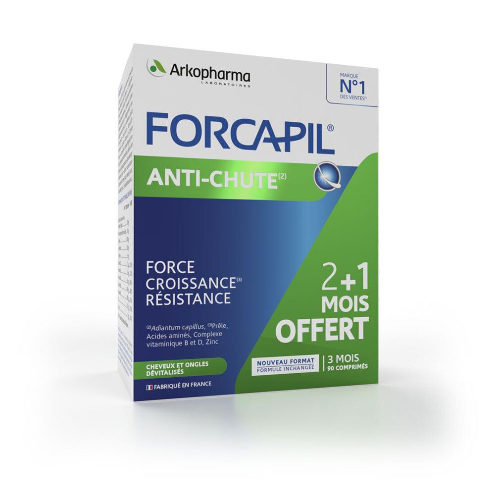 Boîte FORCAPIL® Anti-chute. Couleurs bleu et vert. Texte: FORCE CROISSANCE RÉSISTANCE, 2+1 MOIS OFFERT.