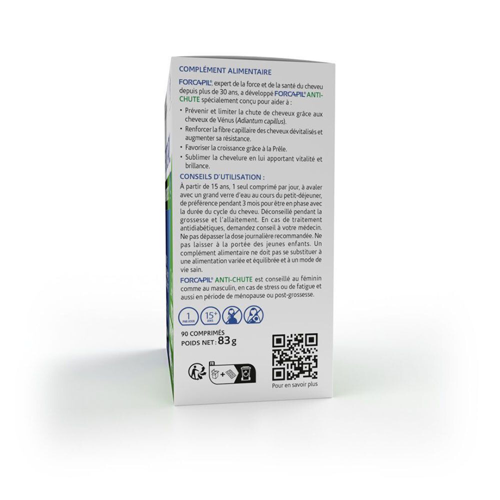 Dos de la boîte FORCAPIL® Anti-chute. Texte sur les ingrédients et l'utilisation. Code QR.