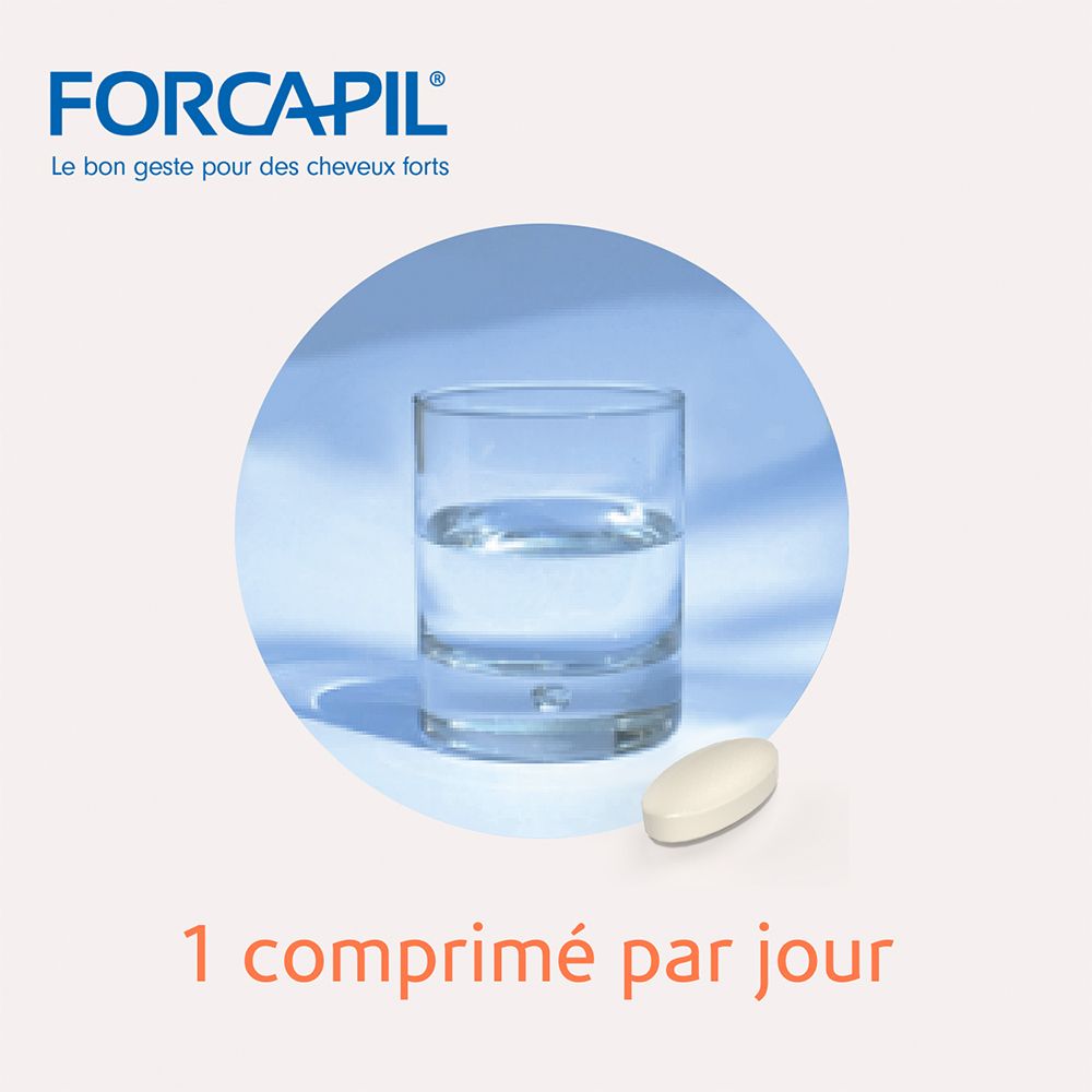Verre d'eau et capsule. Texte: 1 comprimé par jour. Logo FORCAPIL®.