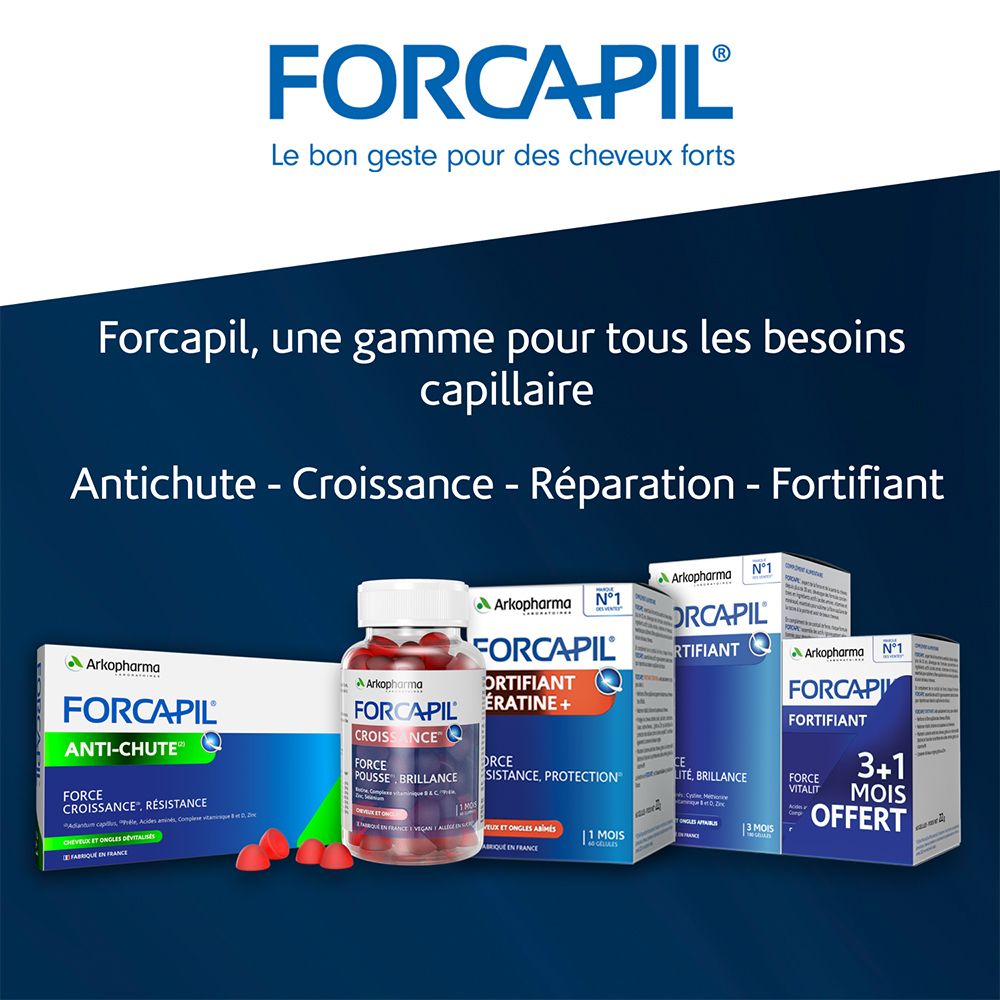 Différents produits FORCAPIL®. Texte: Antichute, Croissance, Réparation, Fortifiant.