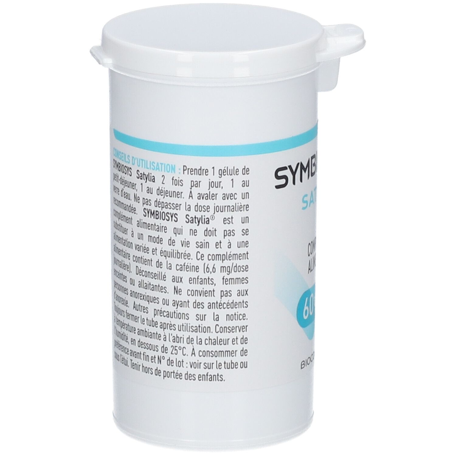 Boîte cylindrique avec couvercle. Inscription SYMBIOSYS Satylia, 60 gélules. Complément alimentaire. Texte avec conseils d'utilisation.