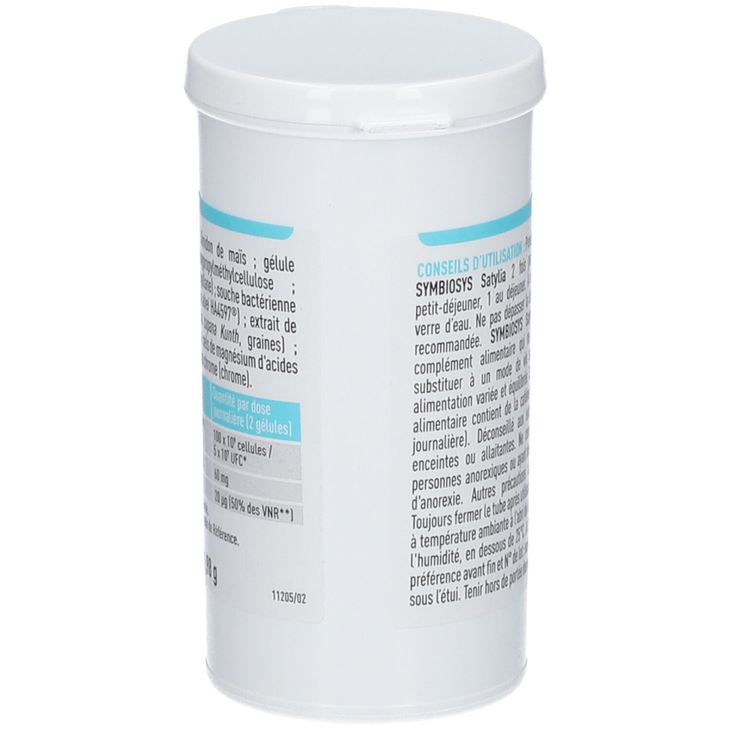 Boîte cylindrique avec couvercle. Inscription SYMBIOSYS Satylia, 60 gélules. Complément alimentaire. Texte avec ingrédients.