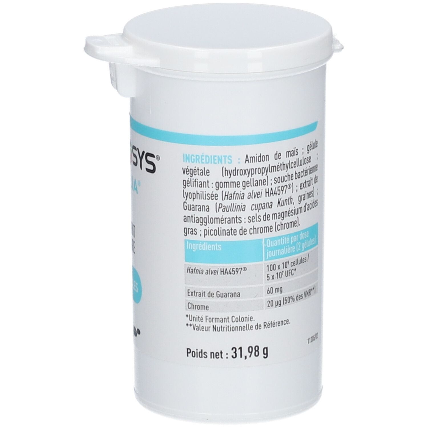 Boîte cylindrique avec couvercle. Inscription SYMBIOSYS Satylia, 60 gélules. Complément alimentaire. Texte avec ingrédients.