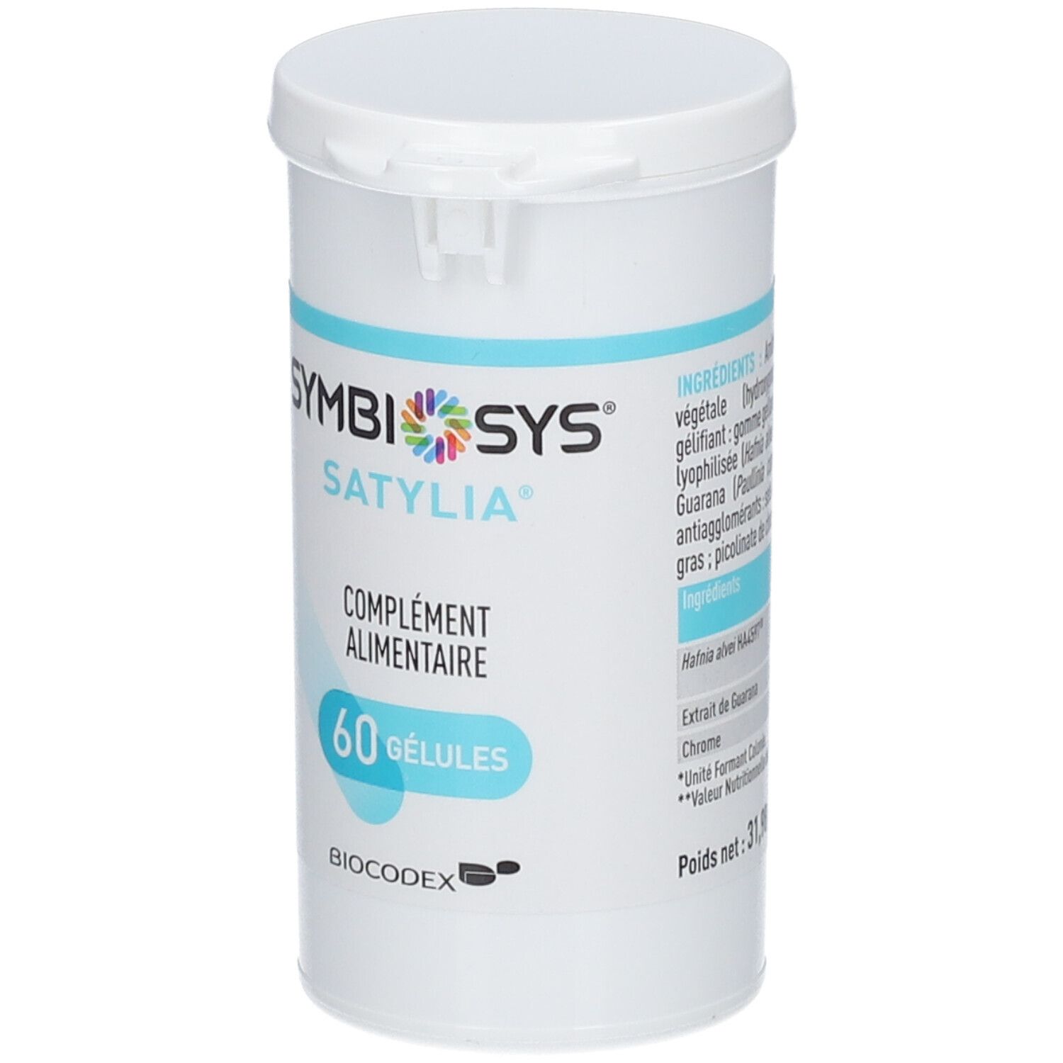 Boîte cylindrique avec couvercle. Inscription SYMBIOSYS Satylia, 60 gélules. Complément alimentaire.