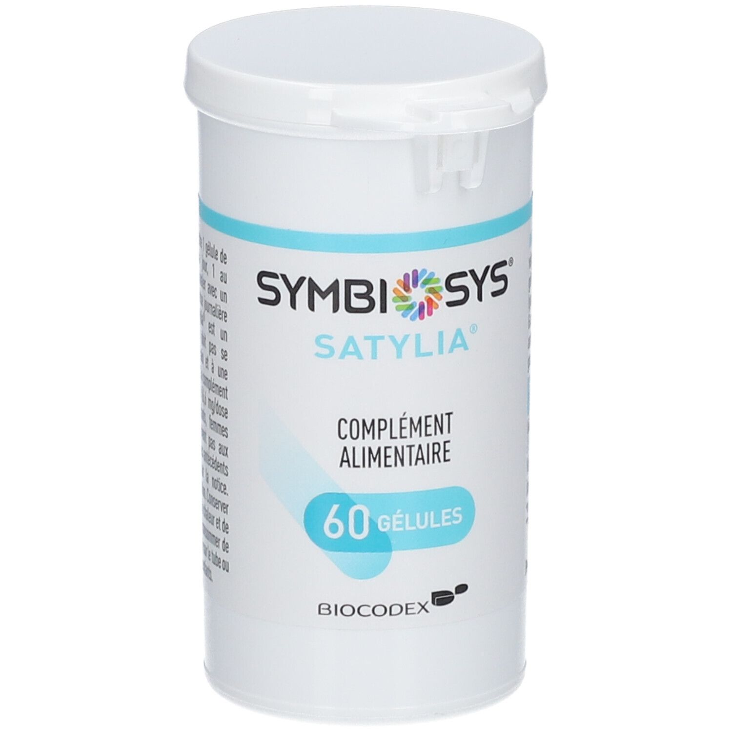 Boîte cylindrique avec couvercle. Inscription SYMBIOSYS Satylia, 60 gélules. Complément alimentaire.