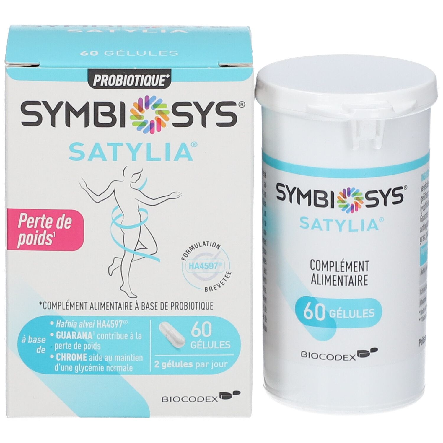 Emballage et boîte. Inscription SYMBIOSYS Satylia, 60 gélules. Complément alimentaire. Boîte avec illustration.