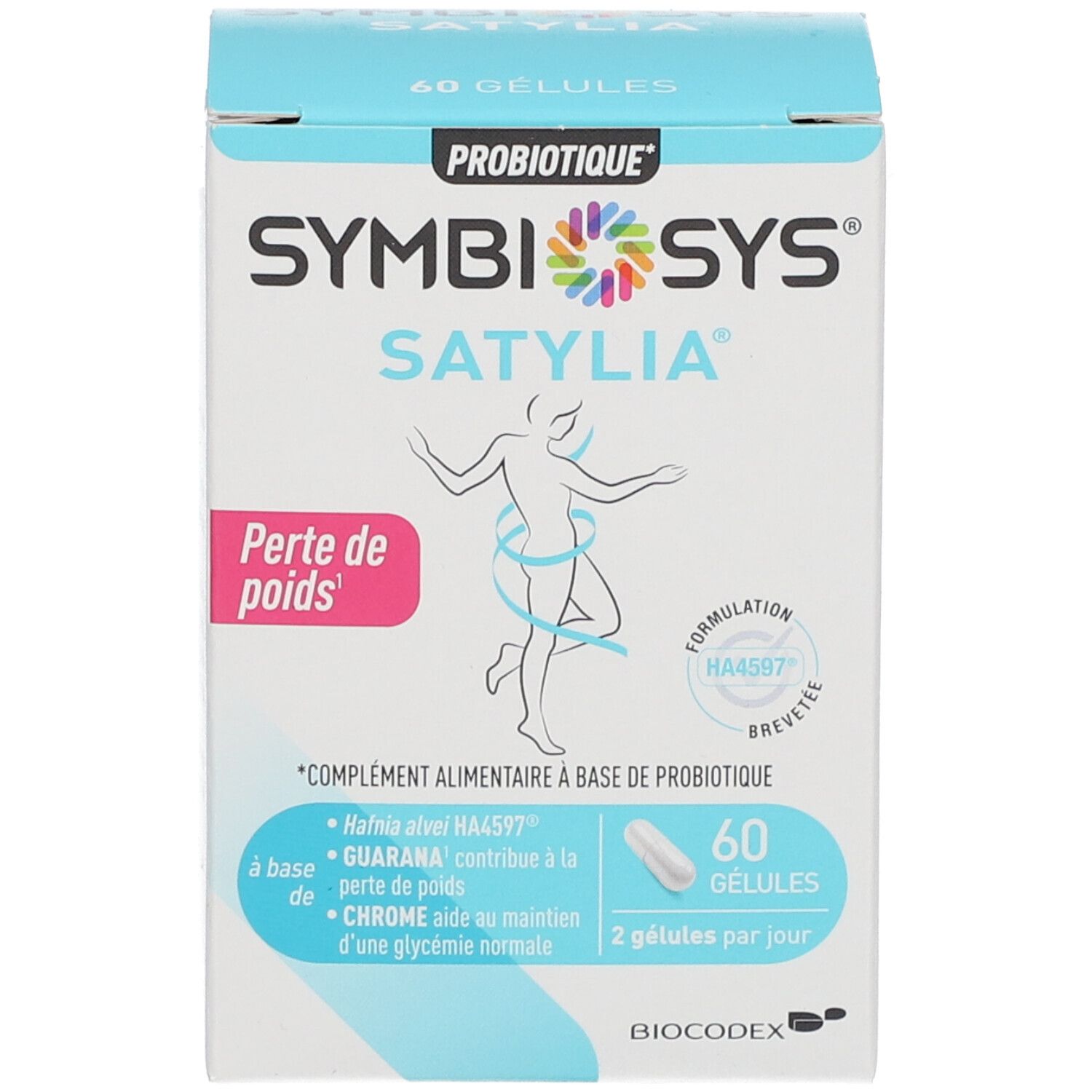 Emballage du produit. Inscription SYMBIOSYS Satylia, 60 gélules. Complément alimentaire. Illustration d'une personne.