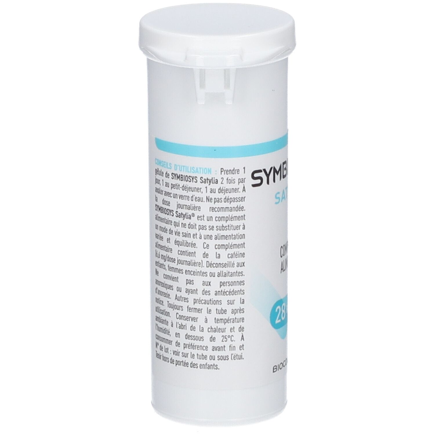 Flacon blanc avec étiquette bleue. Texte: Conseils d'utilisation. SYMBIOSYS Satylia, 28 gélules. Logo Biocodex.