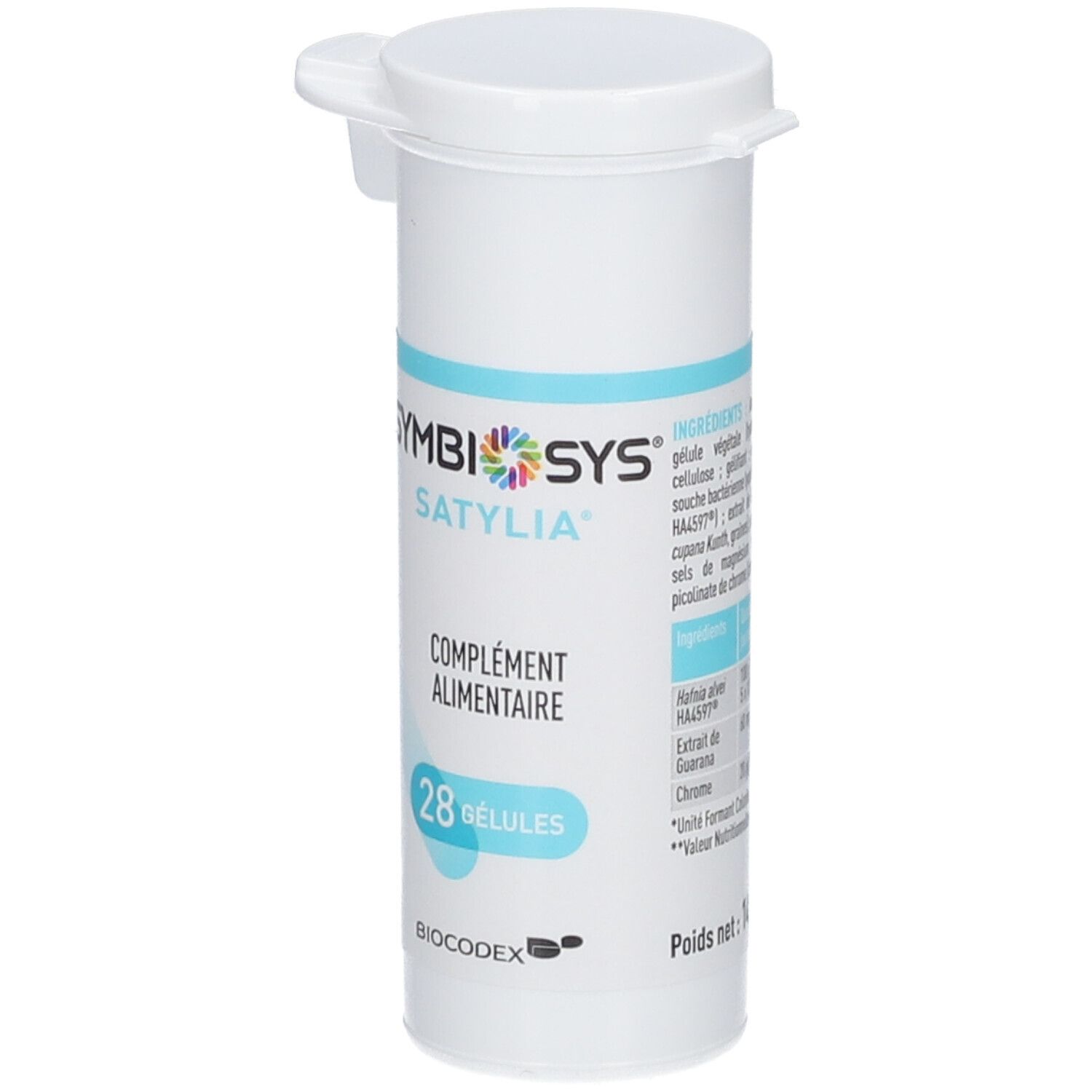 Flacon cylindrique blanc avec étiquette bleue. Inscription: SYMBIOSYS Satylia, 28 gélules. Logo Biocodex.