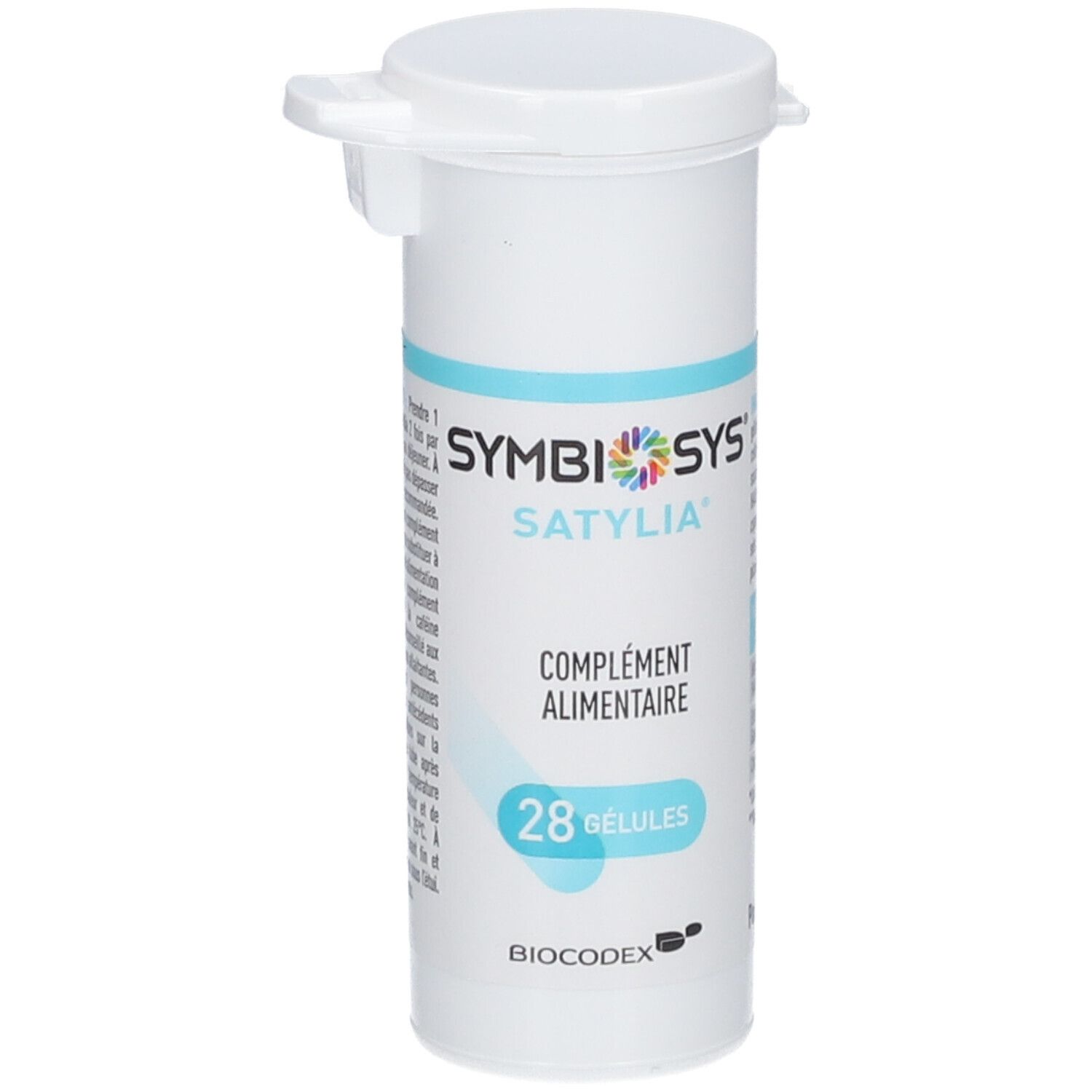 Flacon cylindrique blanc avec étiquette bleue. Inscription: SYMBIOSYS Satylia, 28 gélules. Logo Biocodex.