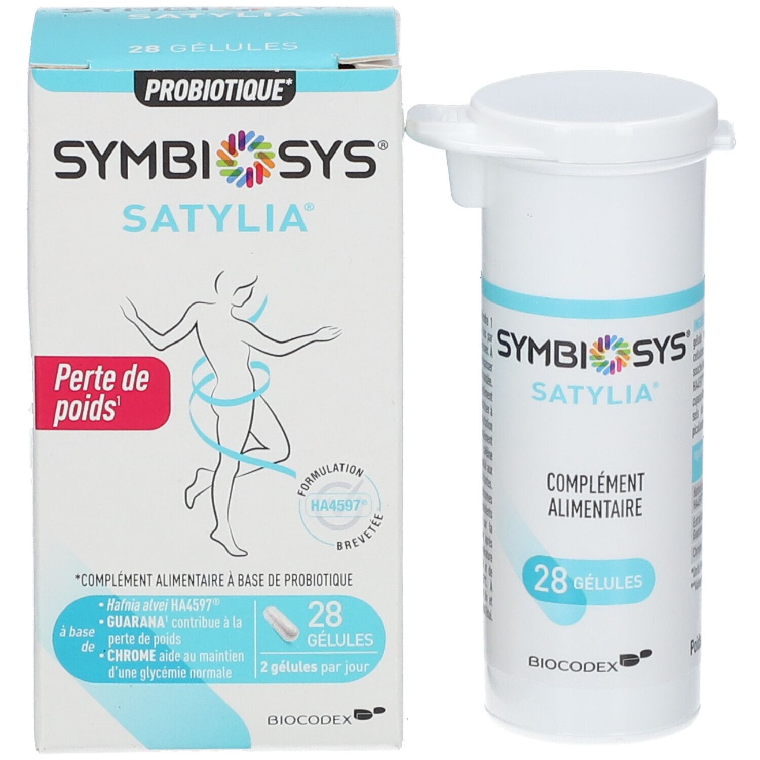 Boîte et flacon. Boîte: SYMBIOSYS Satylia, Perte de poids. 28 gélules. Flacon: SYMBIOSYS Satylia, 28 gélules.