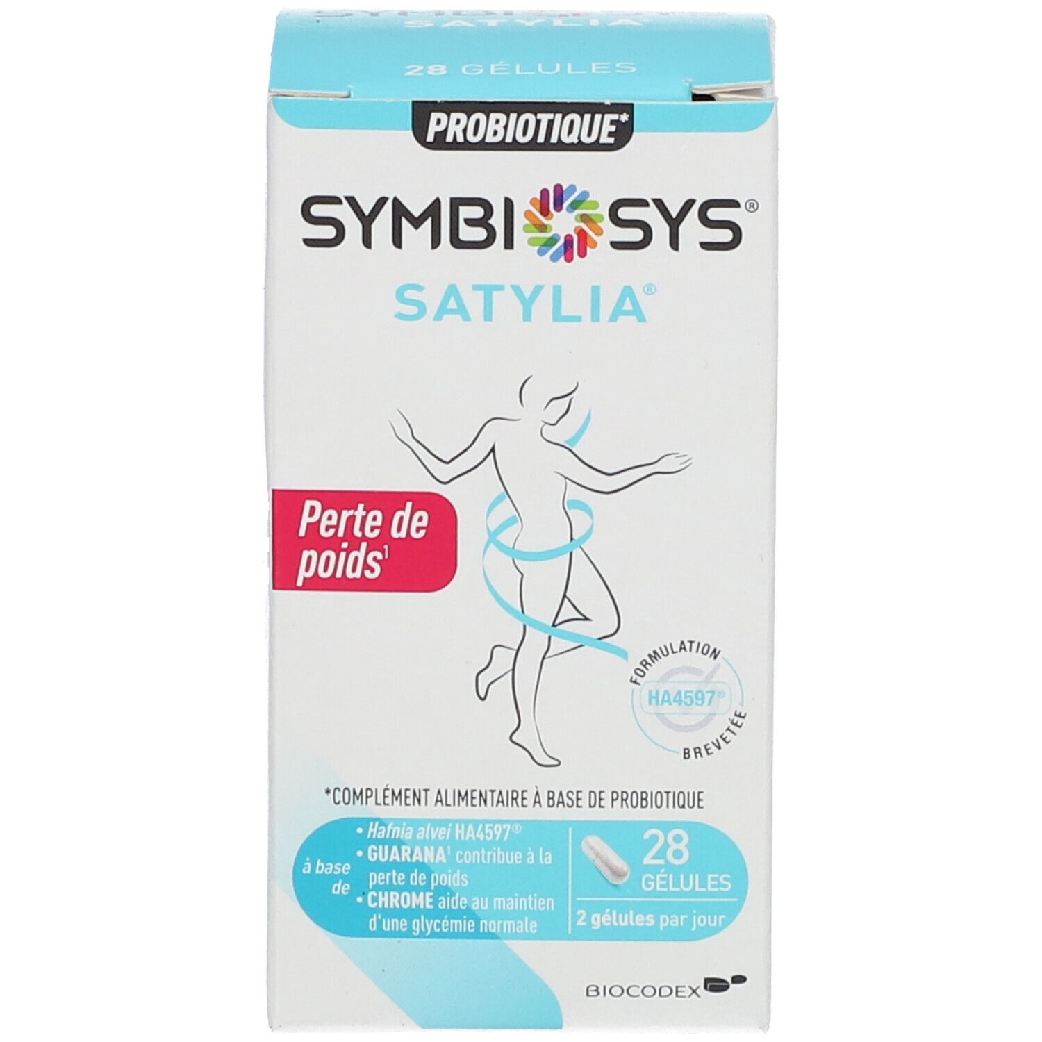 Boîte. SYMBIOSYS Satylia, Perte de poids. 28 gélules. Illustration d'une personne. Logo Biocodex.