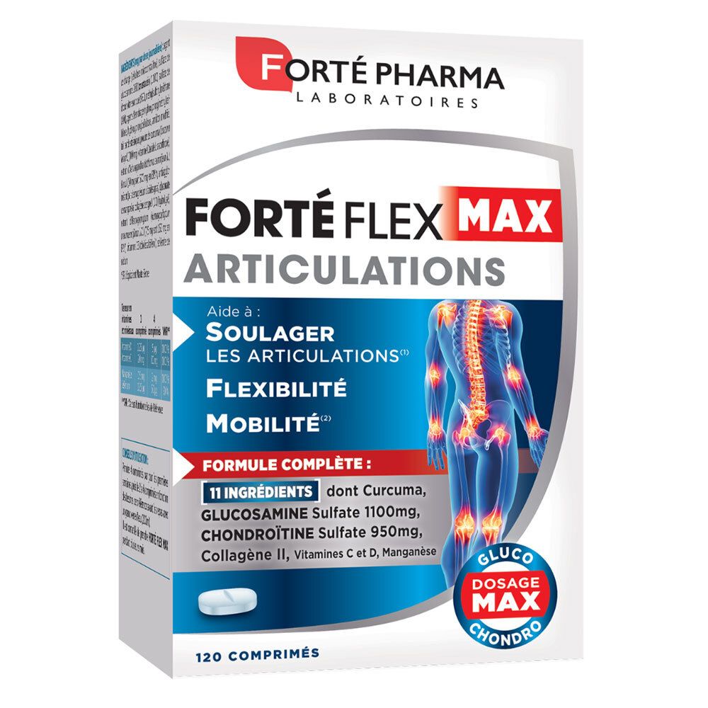 Boîte de Forté Pharma Forté Flex Max Articulations. Contient 120 comprimés. Inscription : Flexibilité, Mobilité.