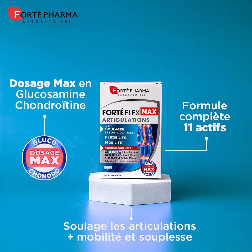 Boîte Forté Pharma Forté Flex Max Articulations sur un socle. Accents bleus et rouges. Texte : Dosage Max en Glucosamine Chondroïtine.
