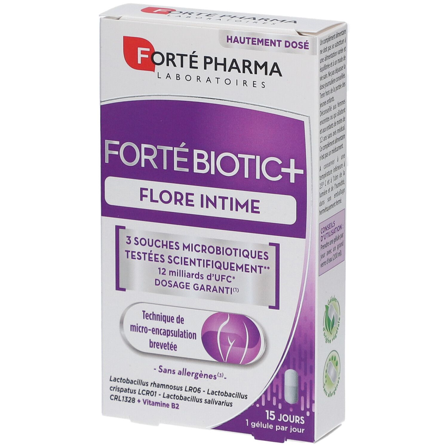 Boîte de FORTÉBIOTIC+ Flore Intime. Contient 15 gélules. Inscription: 3 souches, 12 milliards d'UFC, dosage garanti.