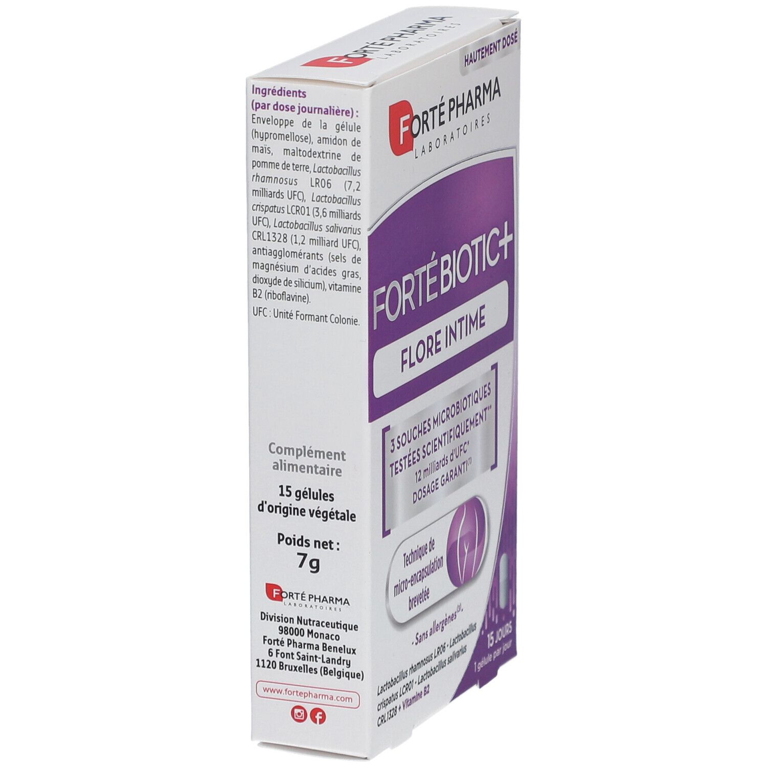 Vue latérale de la boîte FORTÉBIOTIC+. Contient 15 gélules. Inscription: 3 souches, 12 milliards d'UFC, dosage garanti. Poids net: 7g.