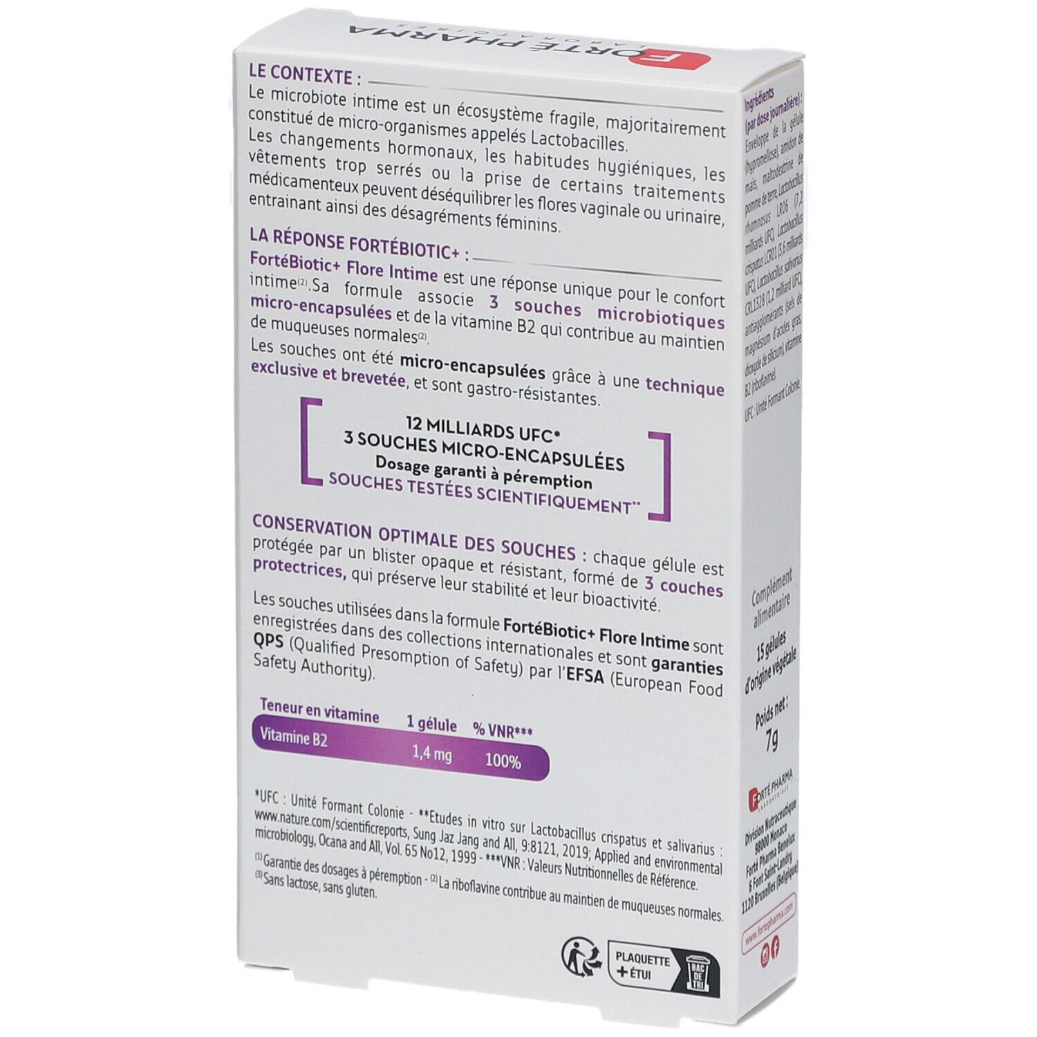 Dos de la boîte FORTÉBIOTIC+. Texte sur la composition et l'utilisation. Contient 15 gélules. 1,4 mg de vitamine B2.