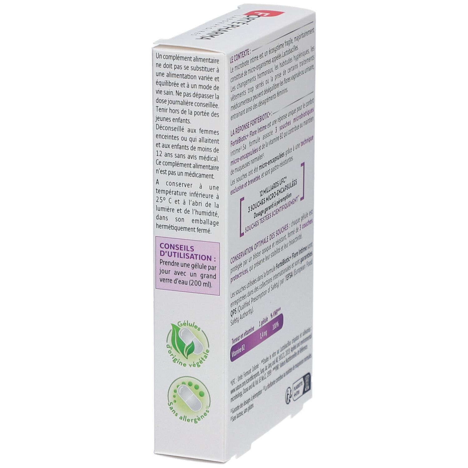 Côté de la boîte FORTÉBIOTIC+ avec conseils d'utilisation. Contient 15 gélules. Inscription: 1 gélule par jour avec de l'eau.