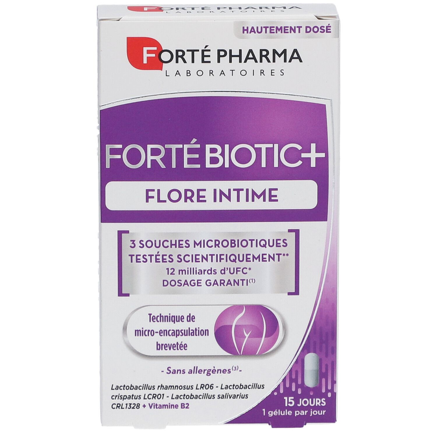 Boîte de FORTÉBIOTIC+ Flore Intime. Contient 15 gélules. Inscription: 3 souches, 12 milliards d'UFC, dosage garanti.