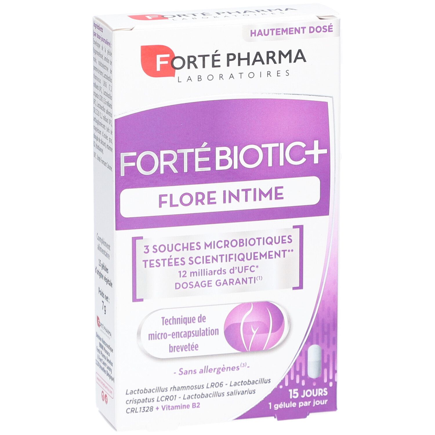 Boîte de FORTÉBIOTIC+ Flore Intime. Contient 15 gélules. Inscription: 3 souches, 12 milliards d'UFC, dosage garanti.