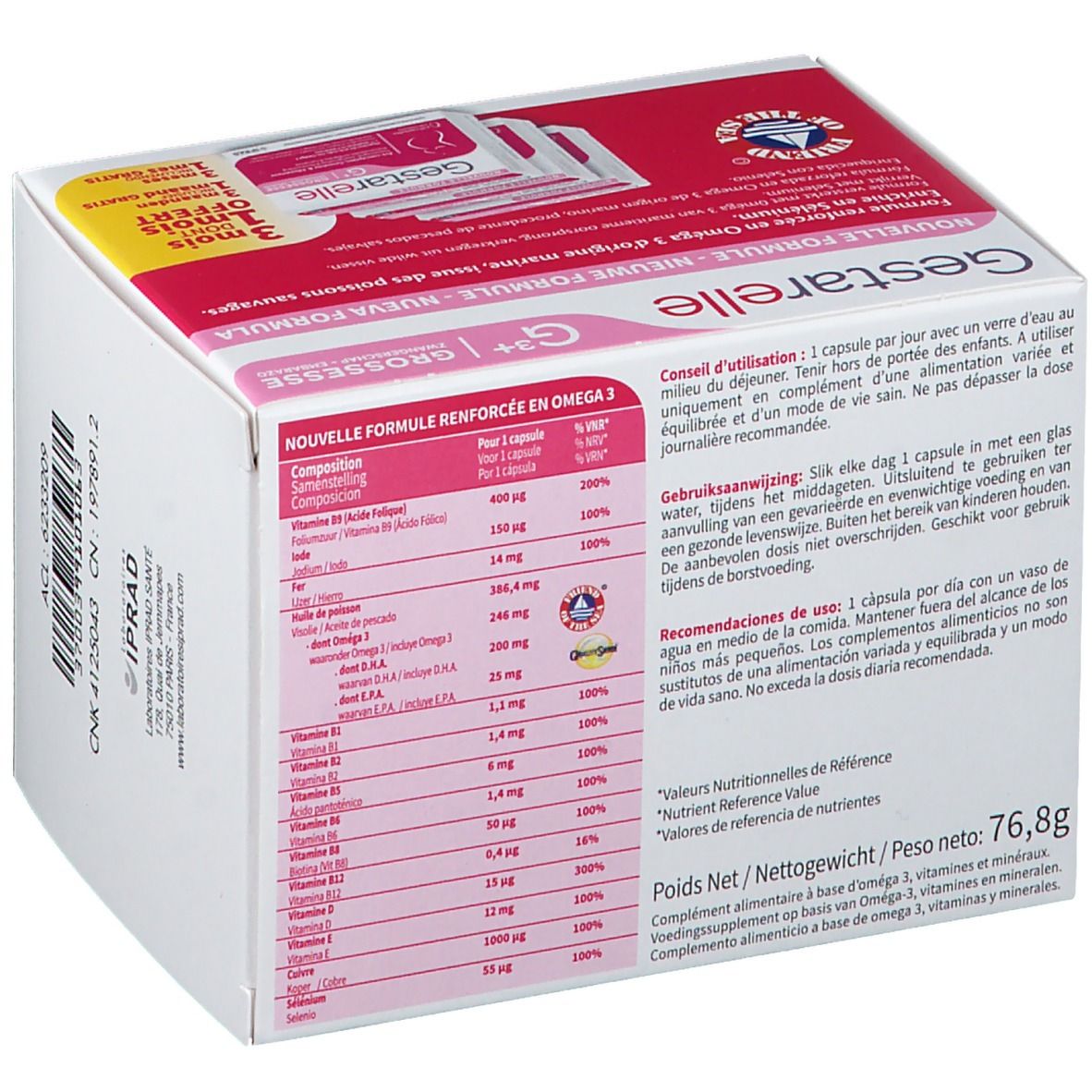 Dos de la boîte Gestarelle G+ Grossesse. Informations sur les ingrédients et valeurs nutritionnelles en plusieurs langues.