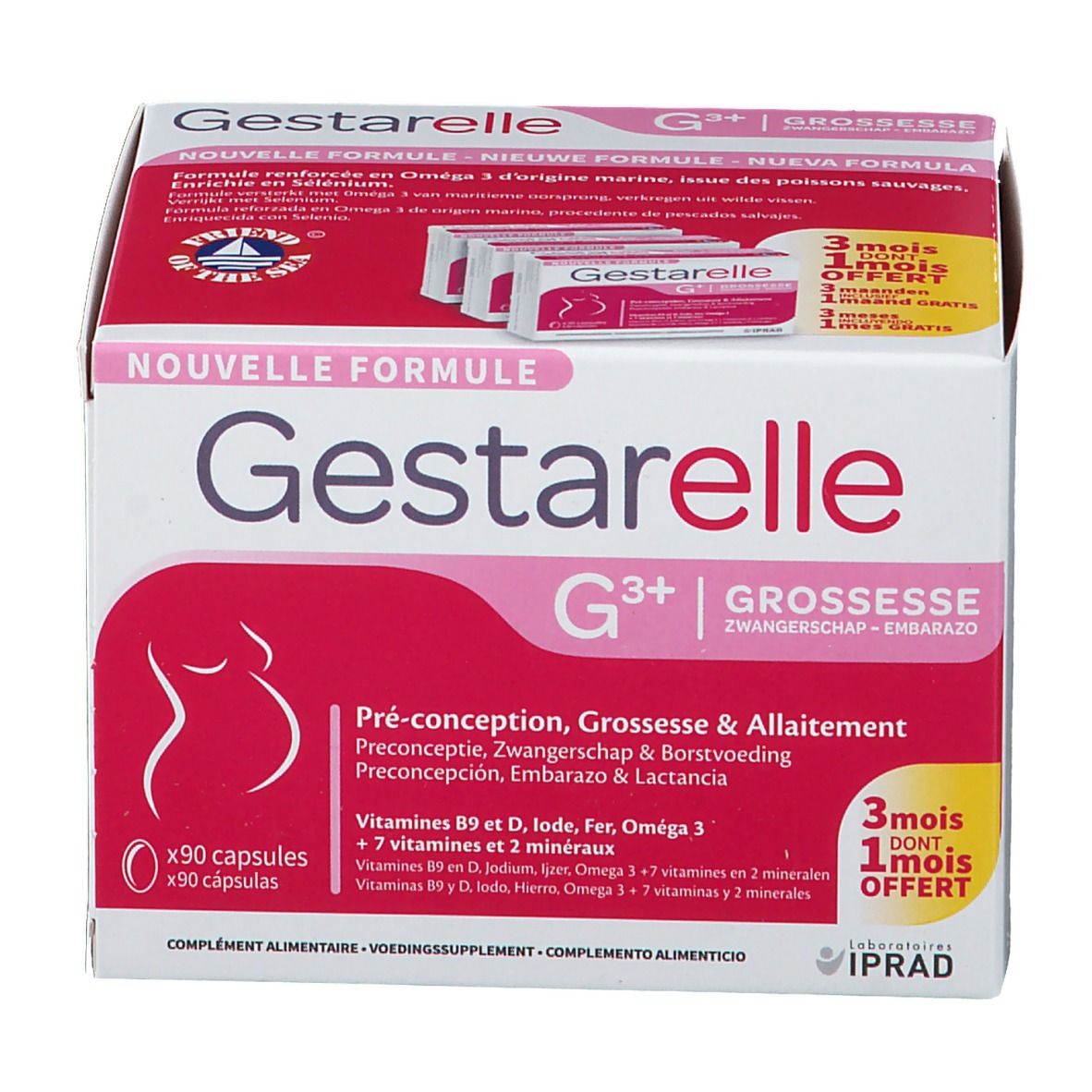 Boîte de Gestarelle G+ Grossesse. Emballage blanc et rose, textes multilingues. Contient des gélules.