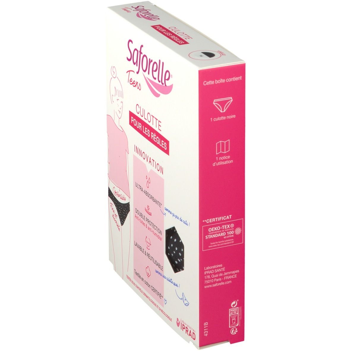 Vue latérale de la boîte Saforelle Teens Culotte. Rose et blanc. Avec illustration du produit et logo de certification.