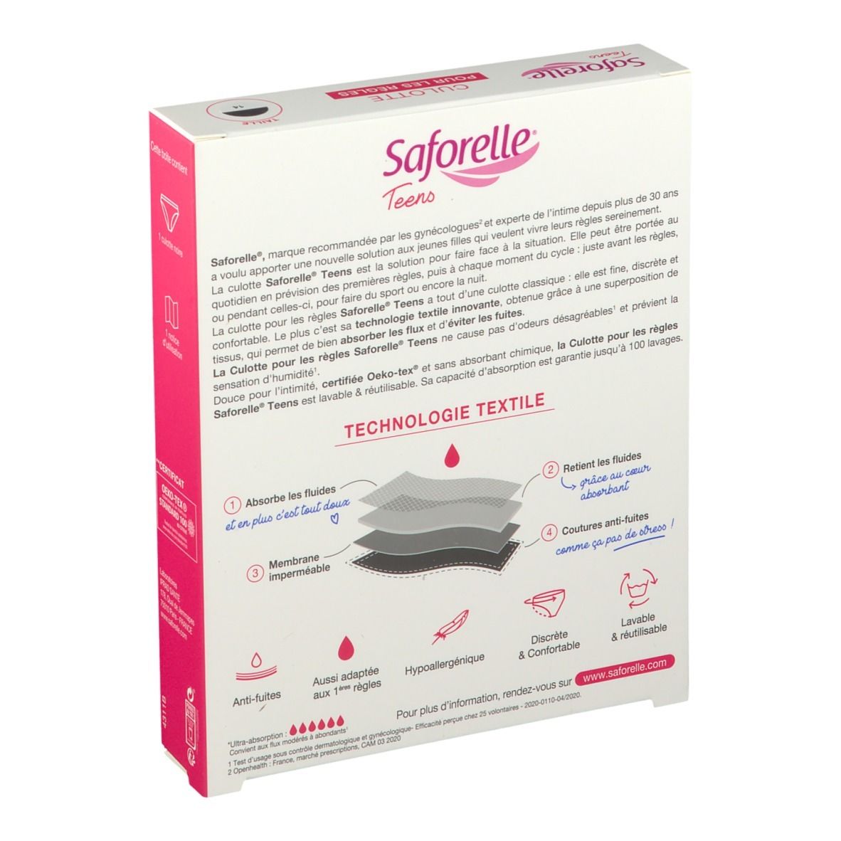 Dos de la boîte Saforelle Teens Culotte. Texte sur la technologie et les caractéristiques du produit. Représentation multicouche.