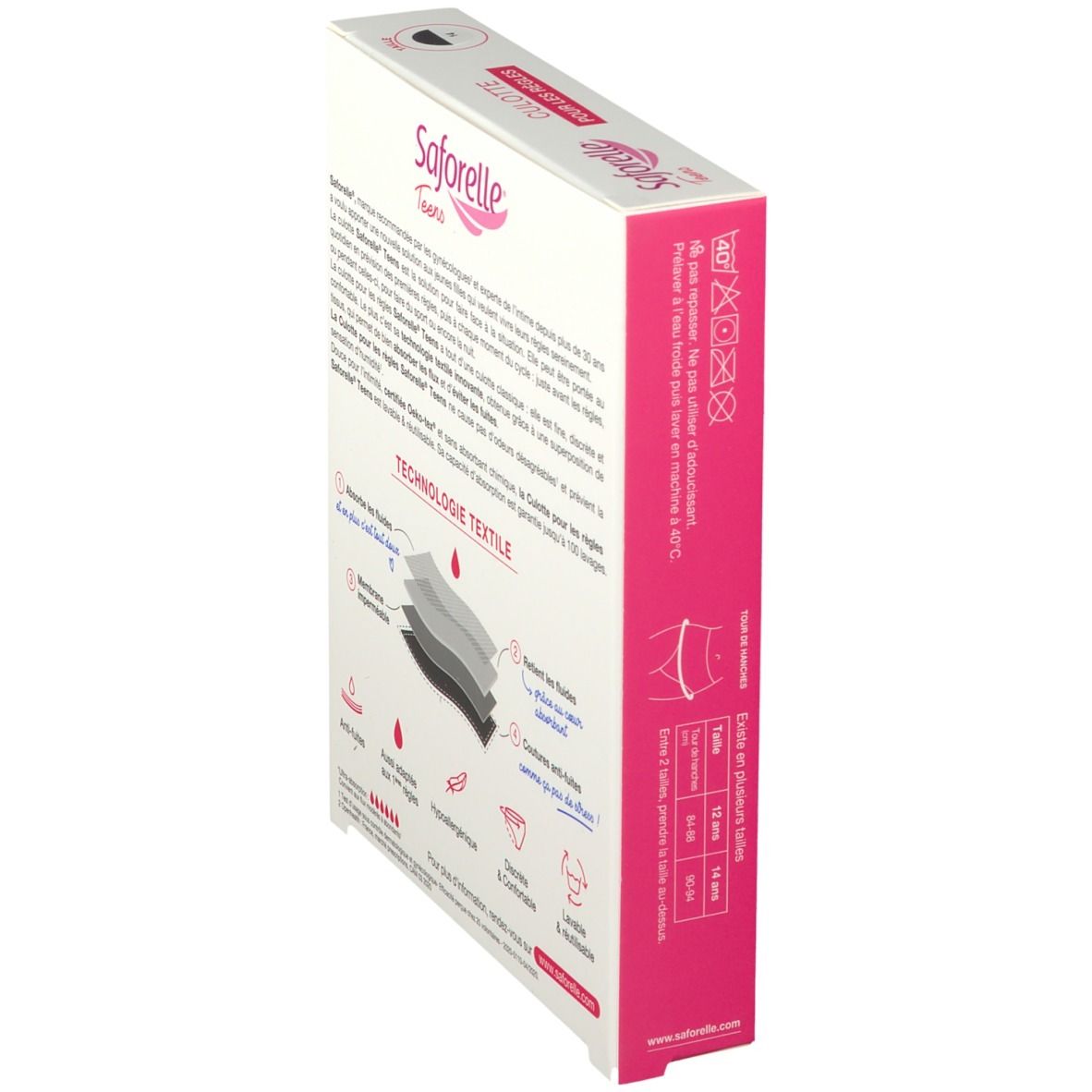 Vue latérale de la boîte Saforelle Teens Culotte. Texte sur la technologie et les caractéristiques du produit. Symboles de lavage.