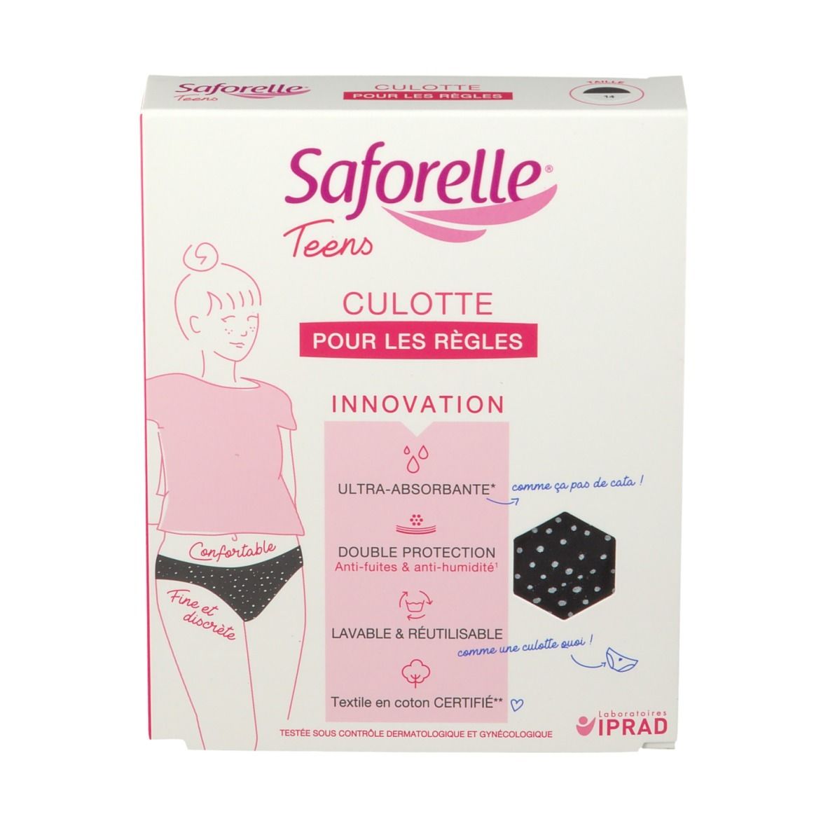 Boîte Saforelle Teens Culotte. Rose et blanc. Inscription : Ultra-absorbant, double protection, lavable et réutilisable.