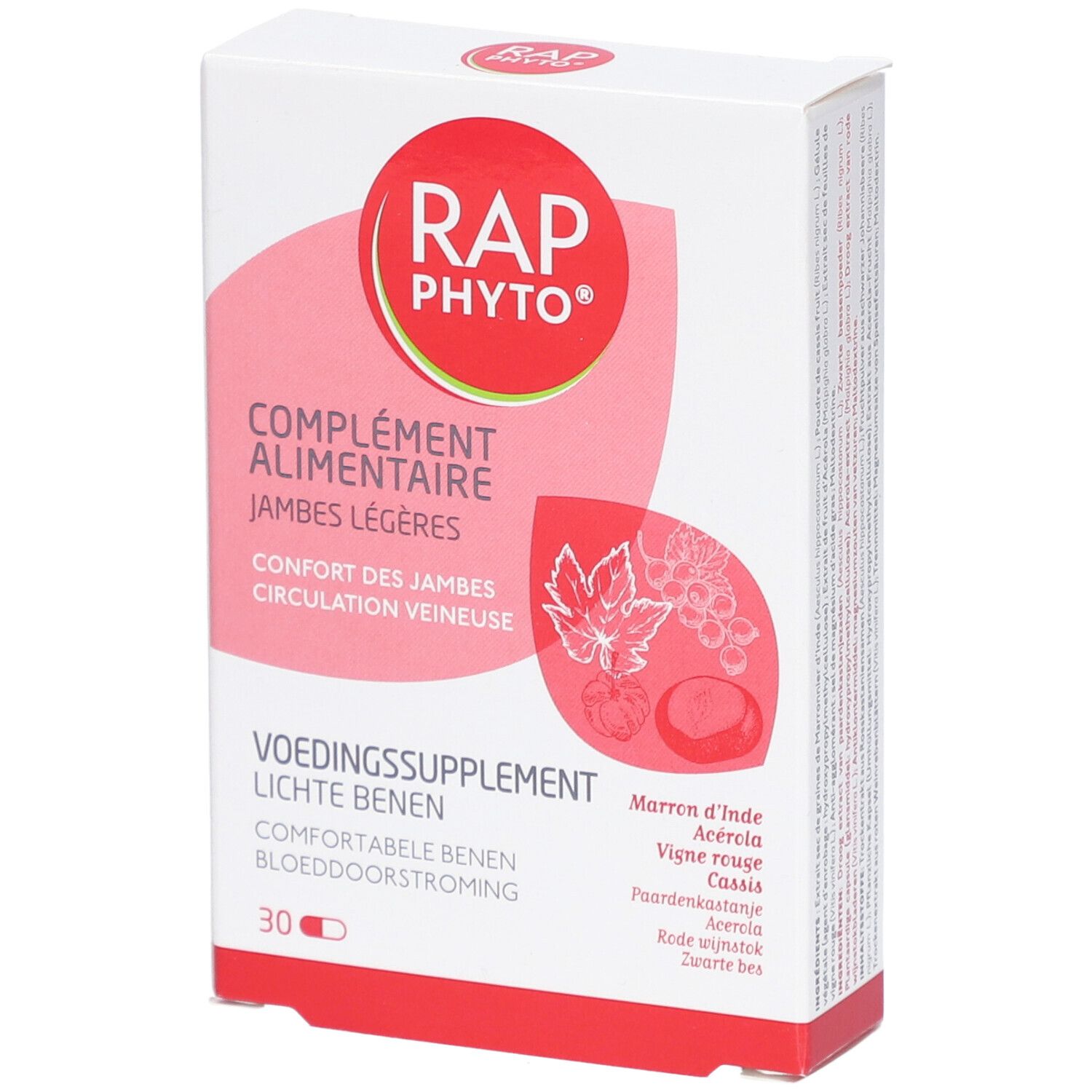 Boîte Rap Phyto. Inscription: Complément alimentaire, Jambes légères, Confort des jambes, Circulation veineuse. 30 gélules.