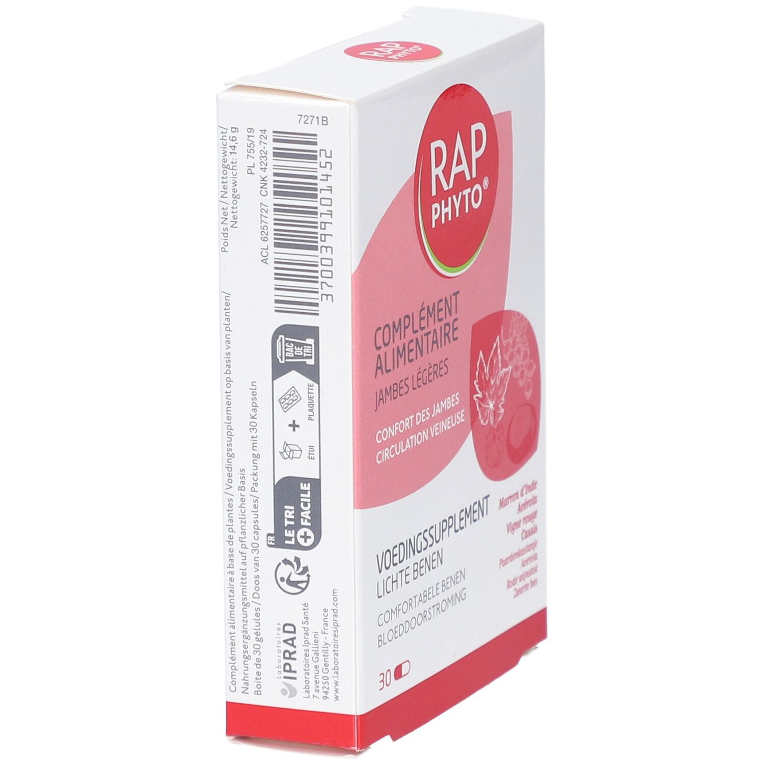 Boîte Rap Phyto, vue latérale. Inscription: Complément alimentaire, Jambes légères, Confort des jambes, Circulation veineuse. 30 gélules.