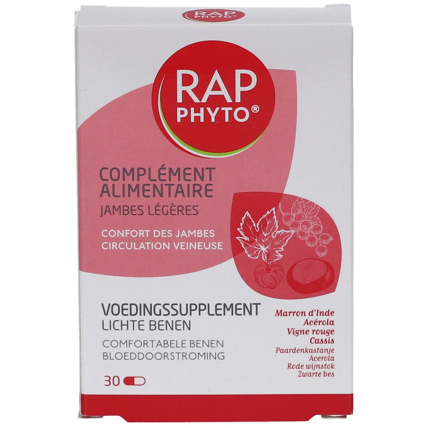 Boîte Rap Phyto. Inscription: Complément alimentaire, Jambes légères, Confort des jambes, Circulation veineuse. 30 gélules. Illustrations.
