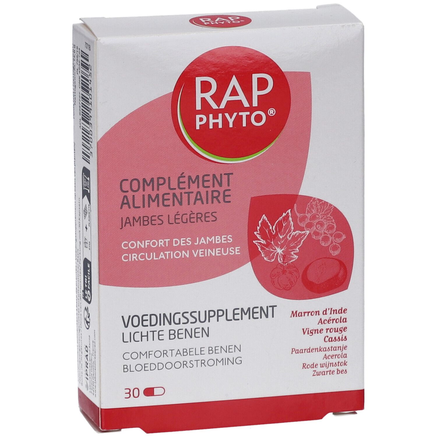 Boîte Rap Phyto. Inscription: Complément alimentaire, Jambes légères, Confort des jambes, Circulation veineuse. 30 gélules. Illustrations.