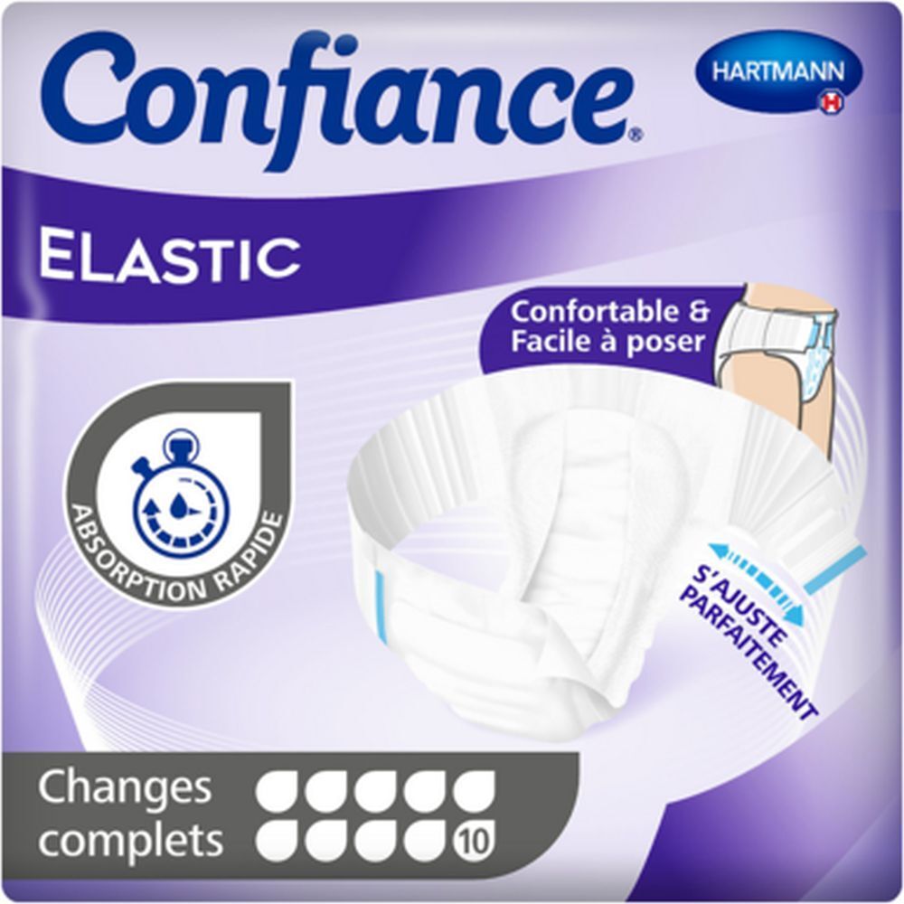 Paquet de protections contre l'incontinence. Inscription: Confiance Elastic, 10 unités. Absorption rapide, ailes élastiques.
