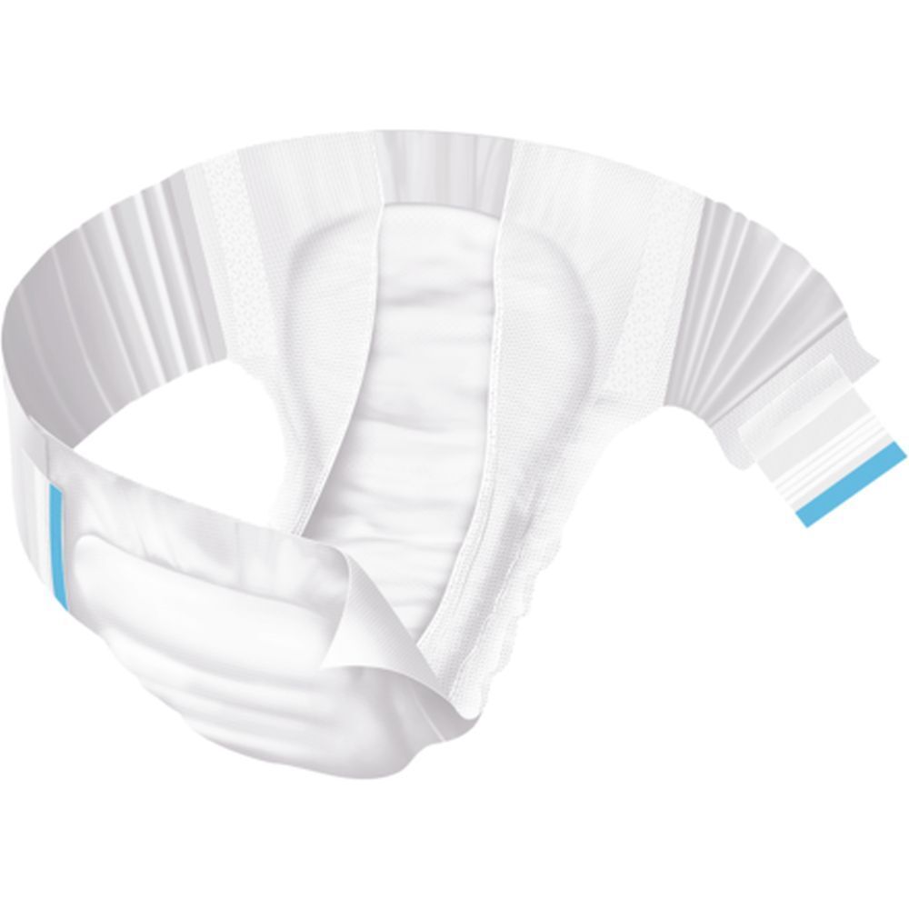 Protection contre l'incontinence blanche, ailes élastiques. Bandes bleues latérales. Forme anatomique.