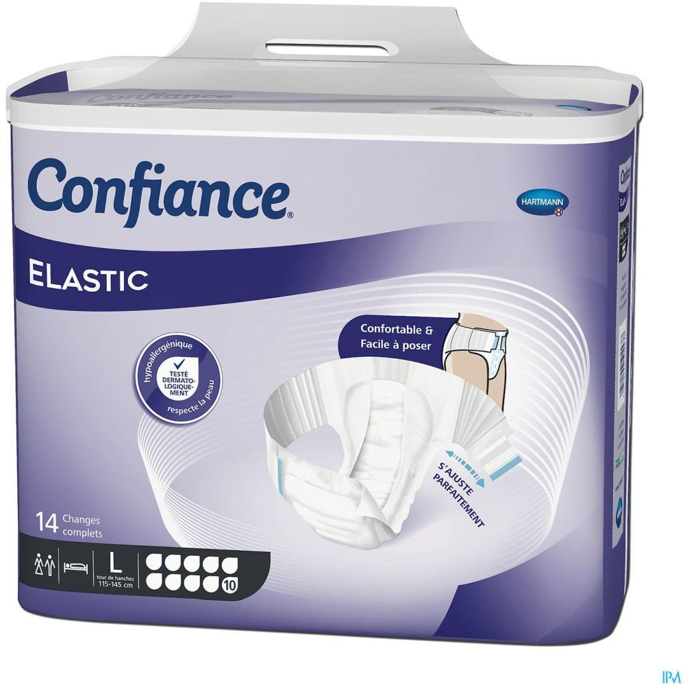 Paquet de protections contre l'incontinence. Inscription: Confiance Elastic, 14 unités, taille L. Hypoallergénique.