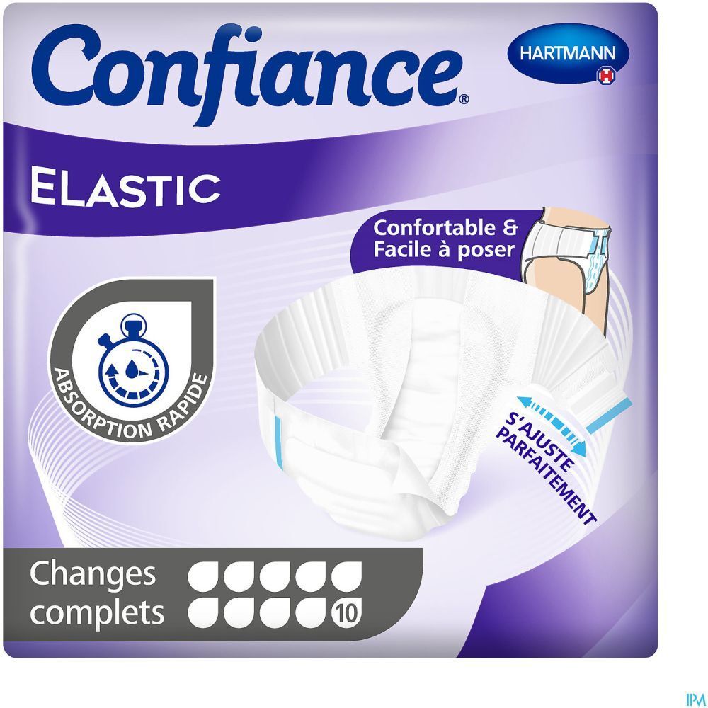 Paquet de protections contre l'incontinence. Inscription: Confiance Elastic, 10 unités. Absorption rapide, ailes élastiques.