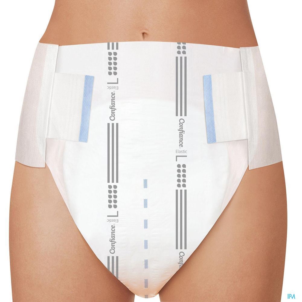 Culotte d'incontinence blanche, côtés élastiques. Inscription: Confiance Elastic, taille L. Accents bleus.
