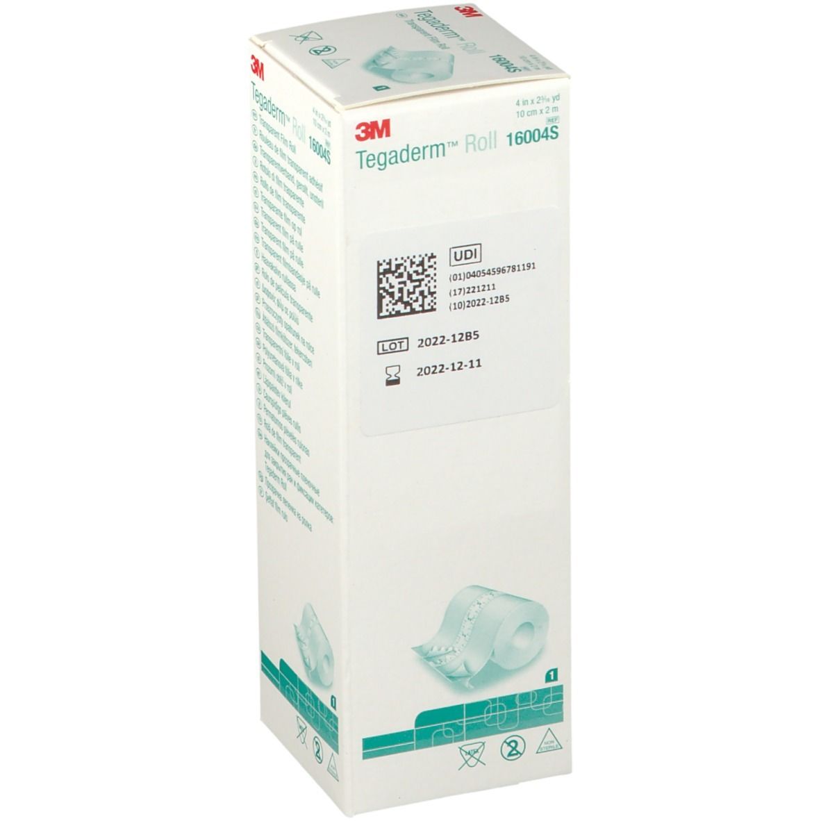 Boîte de Tegaderm™ Roll. Inscriptions : 3M, Tegaderm Roll, 16004S. Code UDI, numéro de lot, date de péremption.