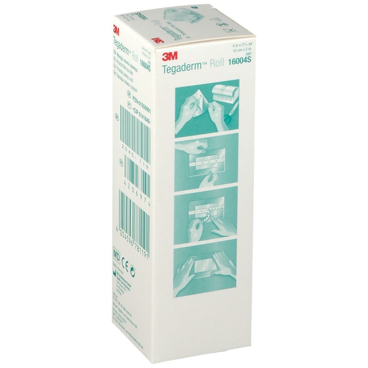 Boîte de Tegaderm™ Roll. Inscriptions : 3M, Tegaderm Roll, 16004S. Illustrations d'application.