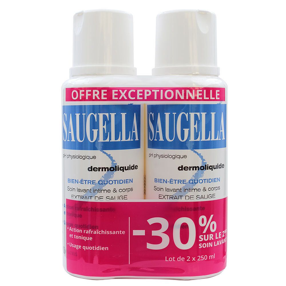Deux flacons de Saugella Dermoliquide. Offre -30% sur le 2ème. Emballage rose et blanc.