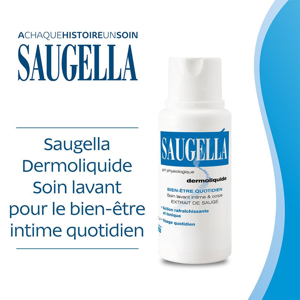 Flacon de Saugella Dermoliquide. Blanc, étiquette bleue. Texte: Bien-être quotidien. Soin intime quotidien.