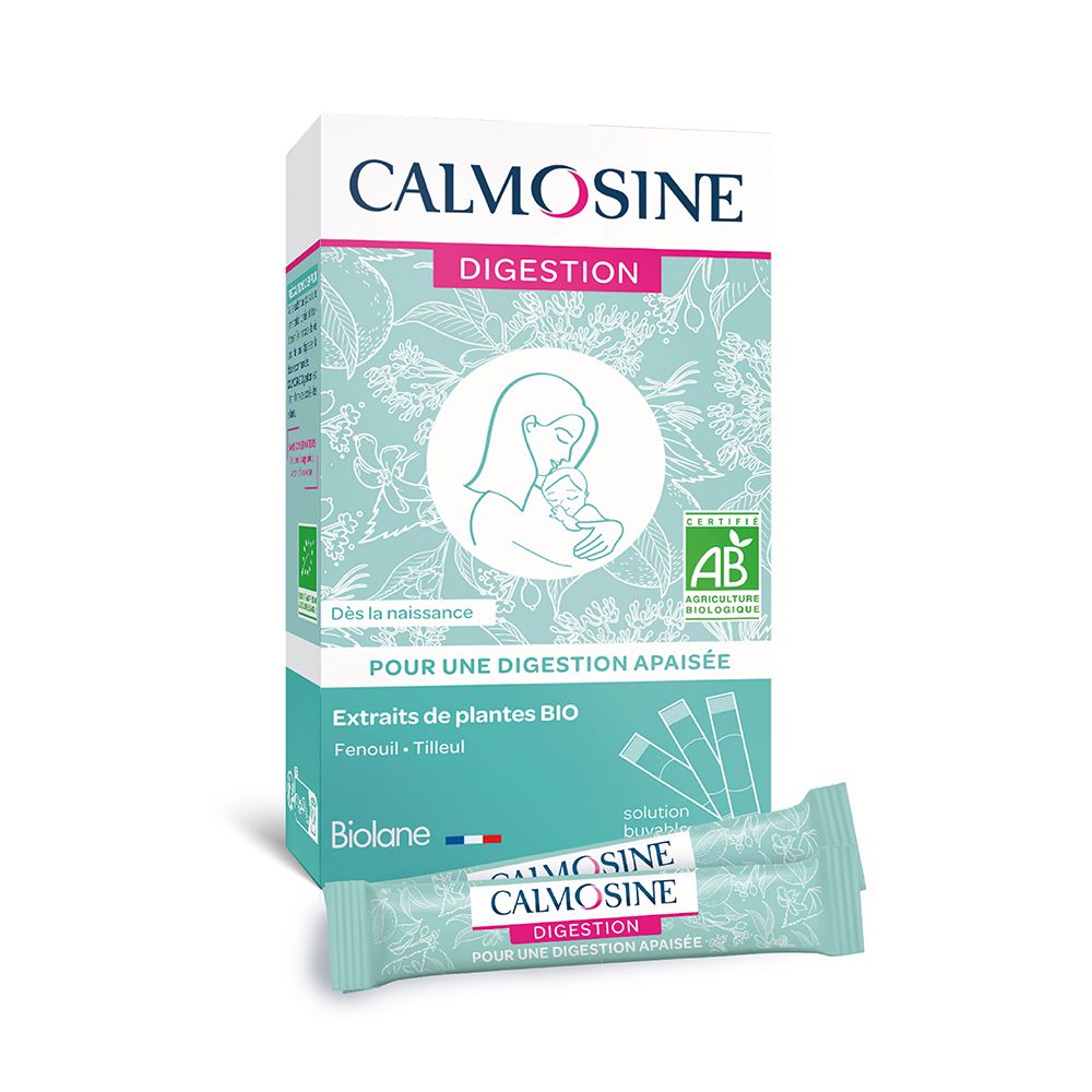 Karton mit Calmosine Digestion und zwei Pads. AB-Bio-Zertifizierung. Ab Geburt.