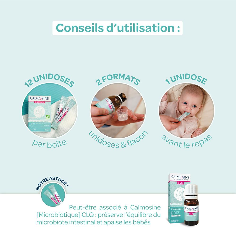 Calmosine Digestion: 12 Einzeldosen, 2 Formate, 1 Dosis vor dem Essen. Mit Flasche.
