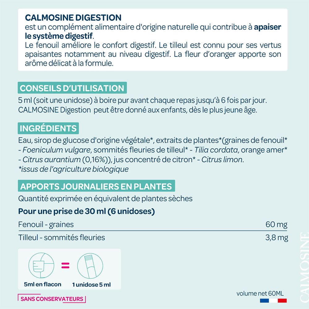 Text über Calmosine Digestion. Inhaltsstoffe, Anwendungshinweise, Tagesdosis.