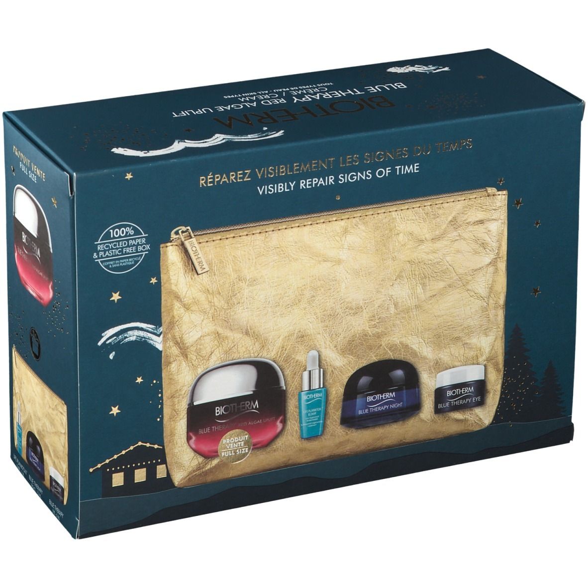 Geschenkbox mit Kosmetiktasche und BIOTHERM-Produkten. Enthält Creme, Serum und Augencreme. Text: VISIBLY REPAIR SIGNS OF TIME.